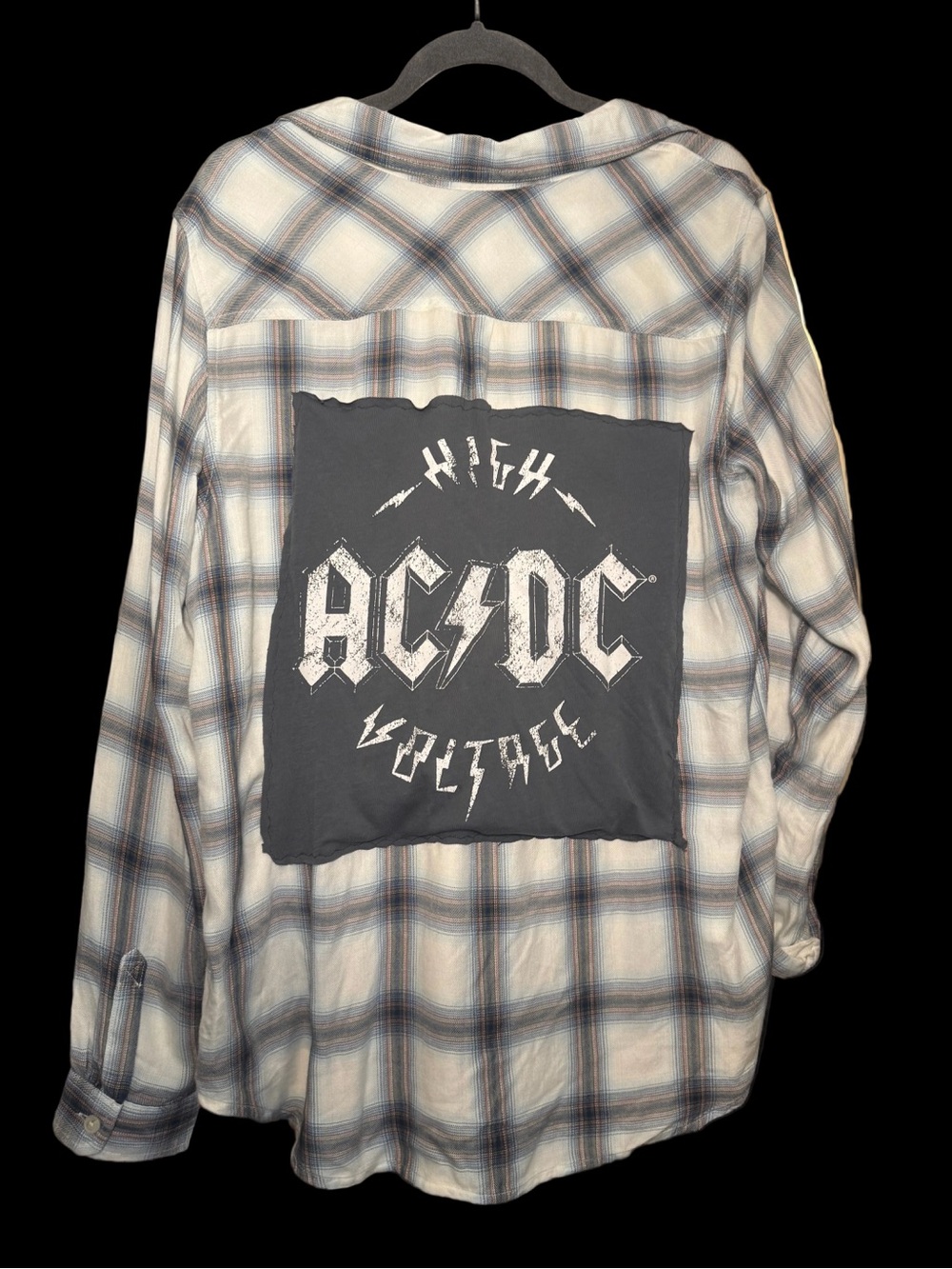 Upcycled AC/DC High Voltage Plaid Flannel Large